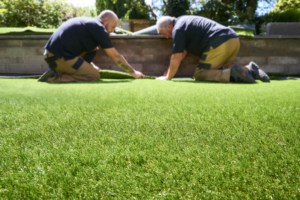 Artificial grass installers installing putting greens